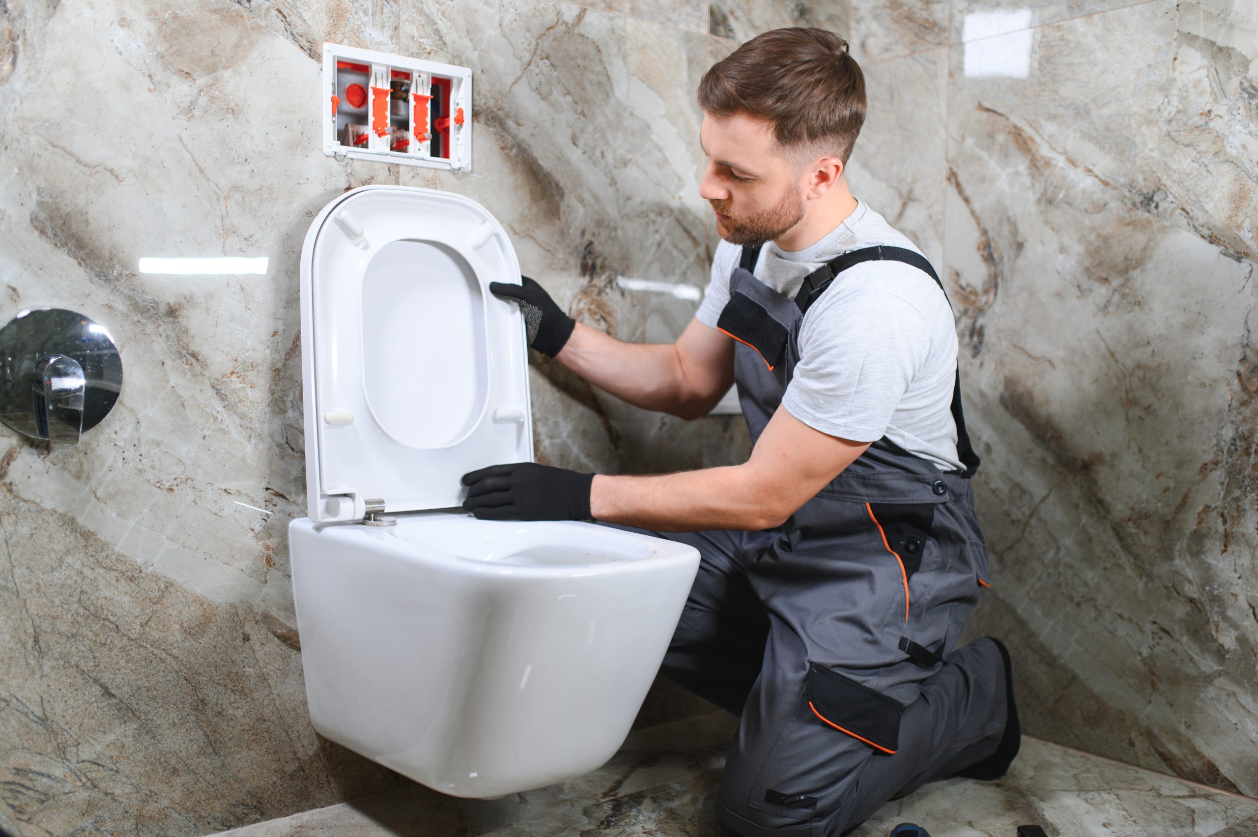 Professional plumber working with toilet bowl in bathroom.